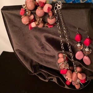 3 piece, fuschia, pink and multi color stone, silver tone